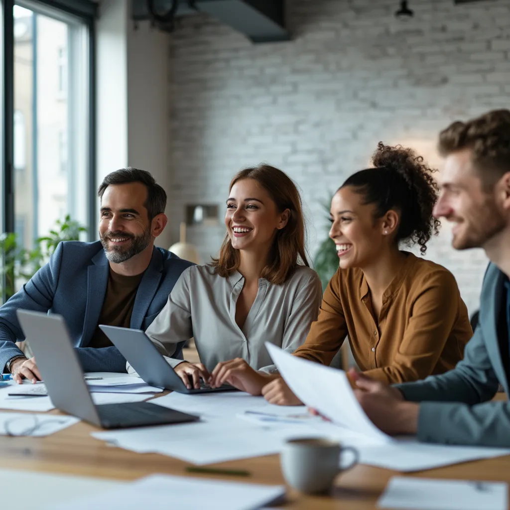 Equipo de consultores de negocios colaborando en una oficina moderna y luminosa